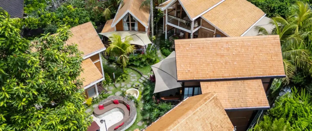 Aerial view of La Casa Modular Living, Ubud, showing Destination Green WPC roof shingles and cladding